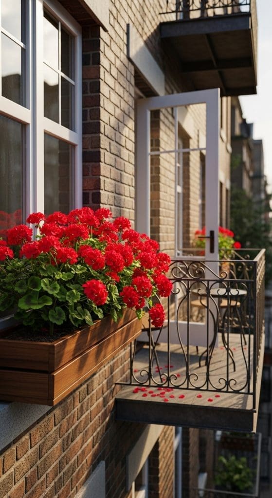 Red geraniums in a wooden window box outside an aprtment 